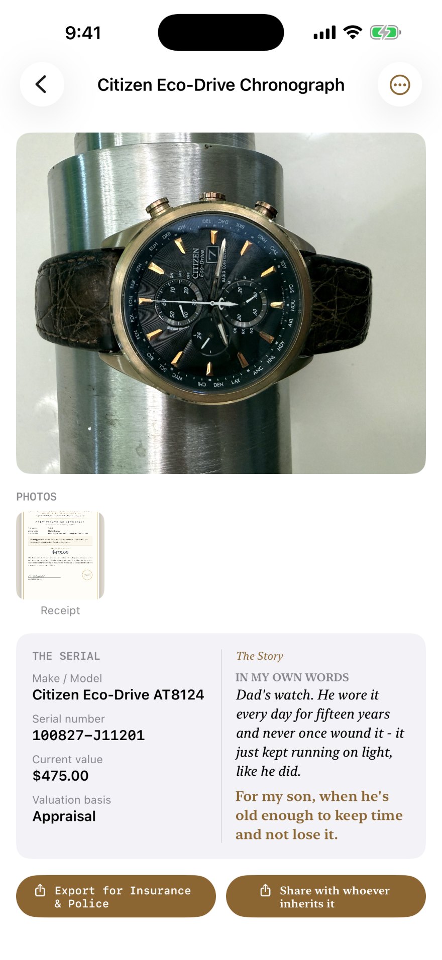 An item detail screen for a Citizen Eco-Drive chronograph, showing its photograph, appraisal certificate, serial number, appraised value, the owner's note about the watch, and who it is meant for.