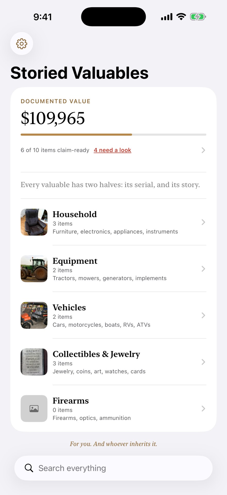 The main screen listing five bundles — Household, Equipment, Vehicles, Collectibles & Jewelry, and Firearms — above a documented total value.