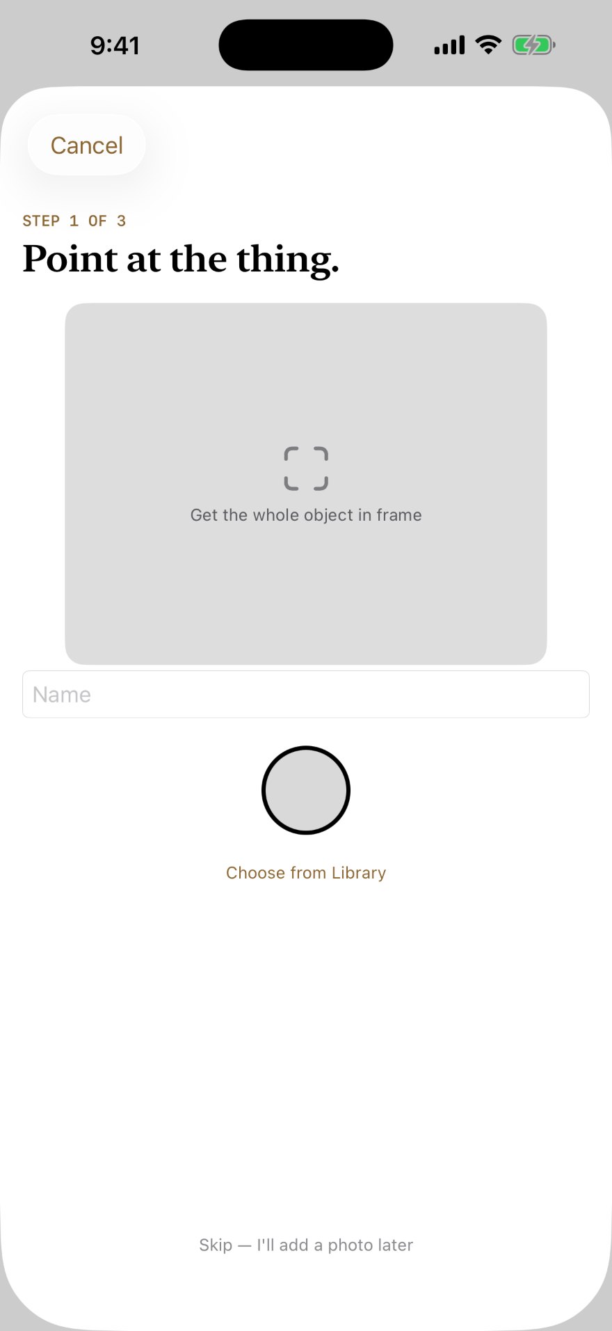 Step one of three of the guided capture flow, headed 'Point at the thing', with a camera frame, a name field, and the option to choose from the photo library.