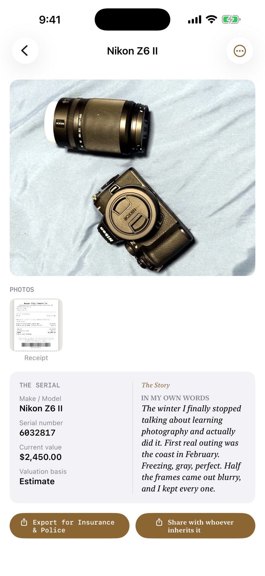 An item detail screen for a Nikon Z6 II, with its receipt on file, serial number and value, and buttons to export for insurance and police or to share the story.