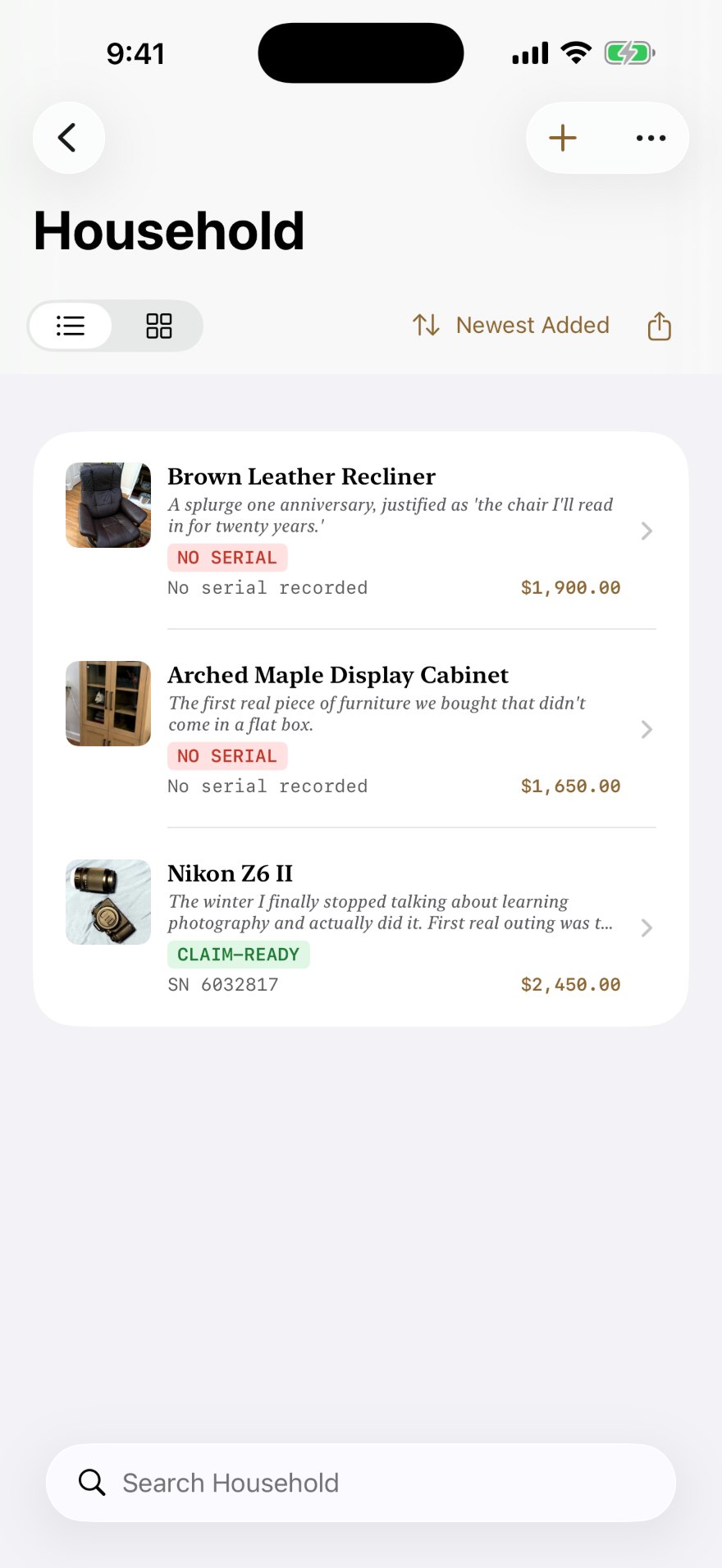 The Household bundle listing three items with photographs, values, and a badge on each showing whether it is claim-ready or missing a serial number.