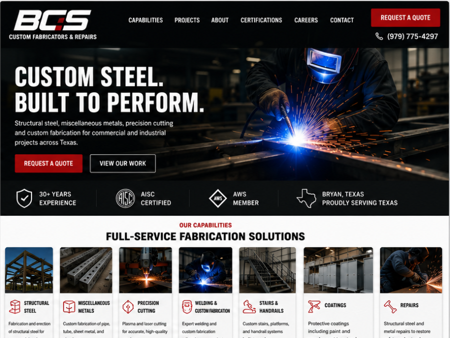 A concept website design for a Texas metal fabrication company.